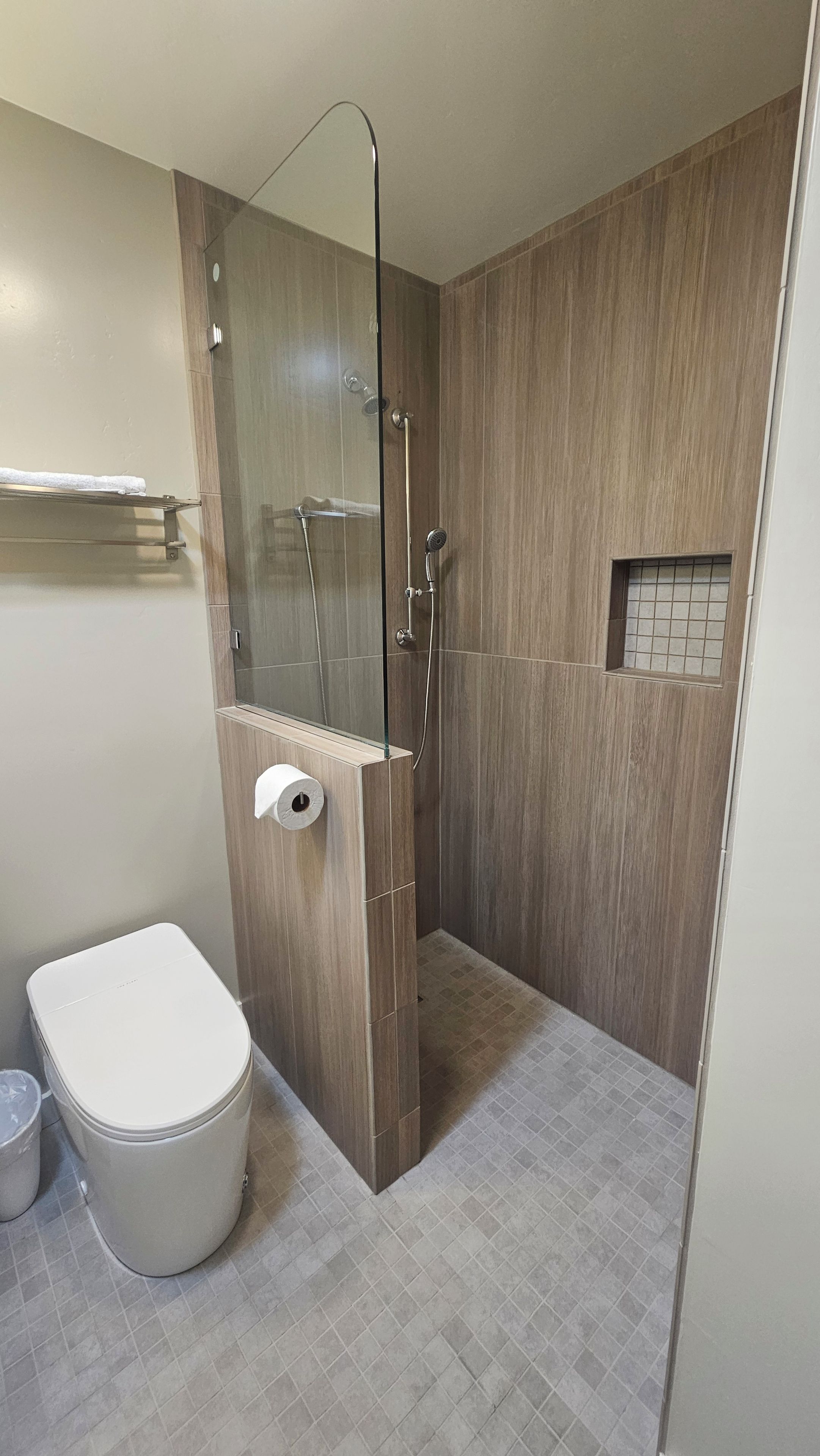 A modern bathroom with a glass-enclosed shower, a toilet, and a towel rack.