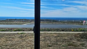 A coastal view with a paved walkway, grassy areas, and a fence.