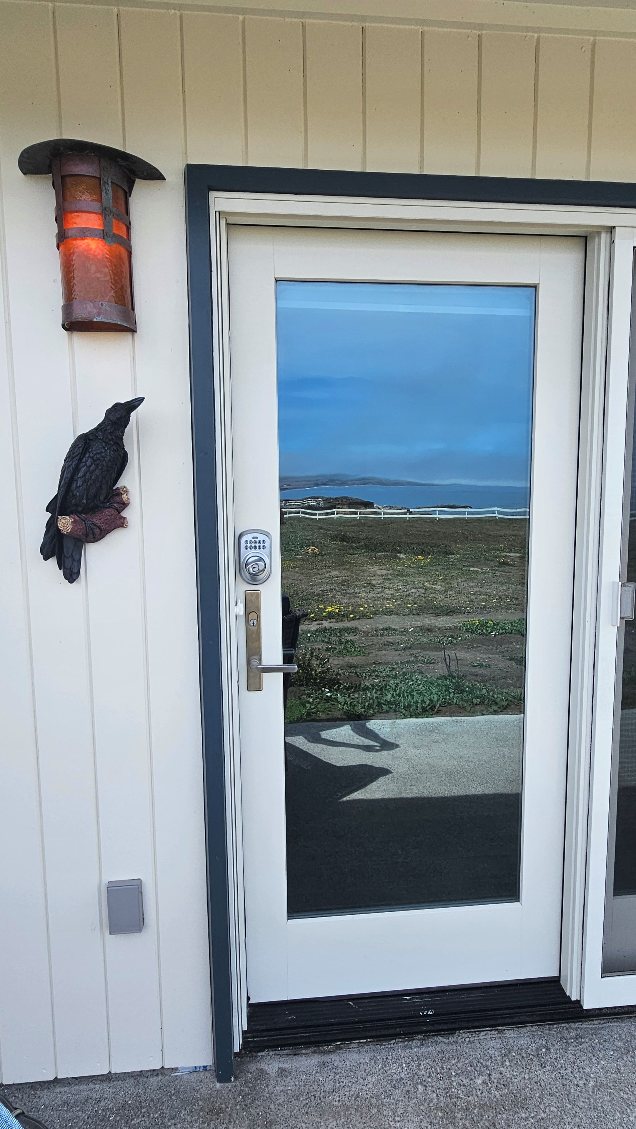 A door with a keypad lock, a bird sculpture, and a view of the ocean.