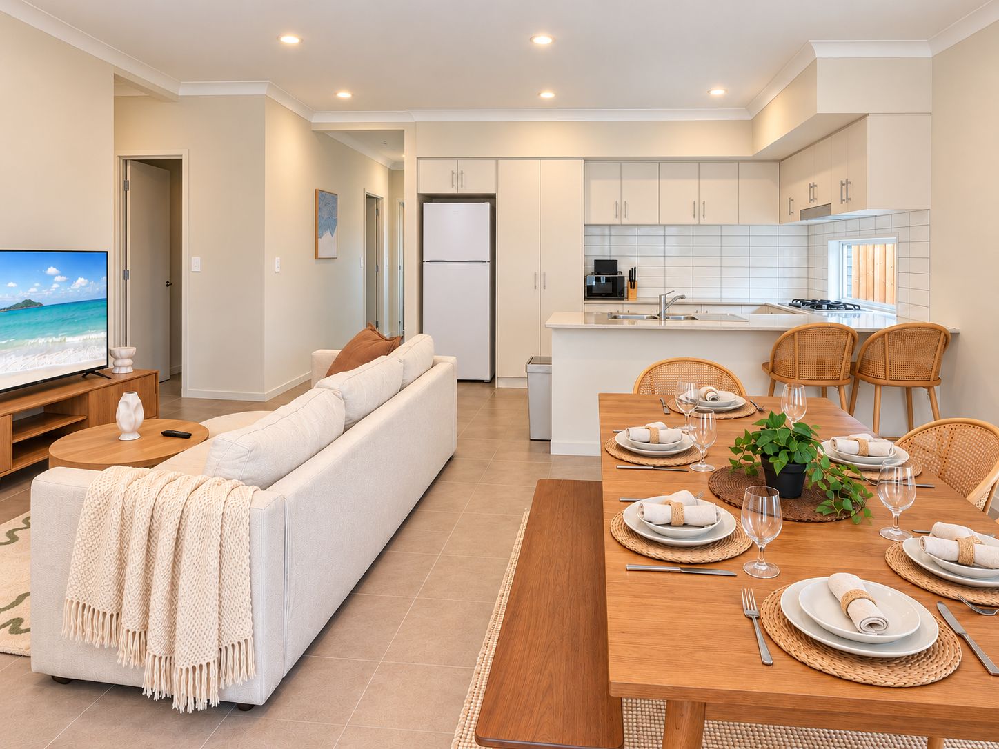 A modern apartment with a living room, dining area, and kitchen.