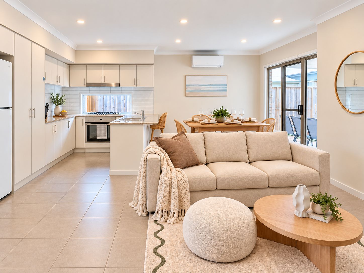 A modern kitchen with white cabinets, a dining area with a wooden table, and a beige sofa.