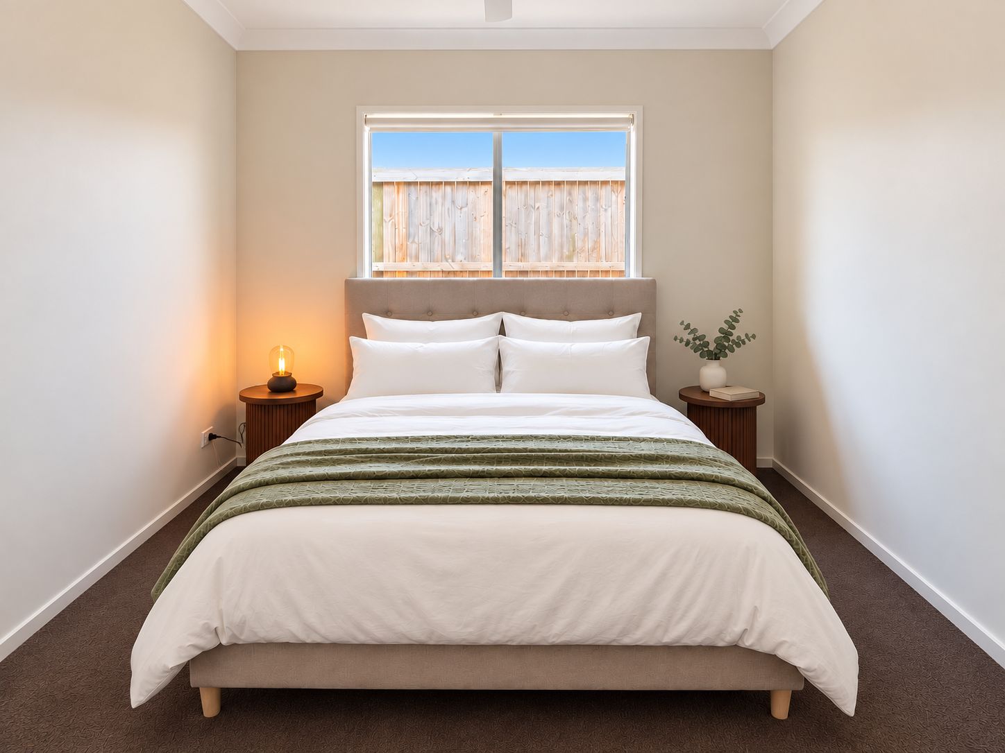 A bedroom with a bed, a window, a bedside lamp, and a plant.