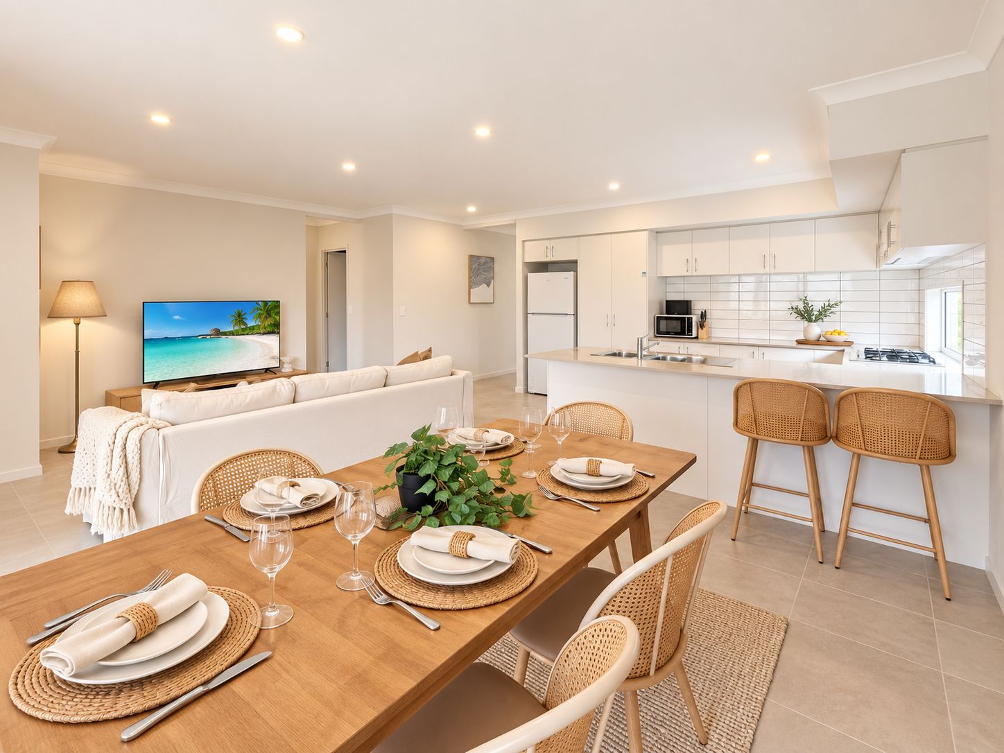 A modern kitchen with white cabinets, a dining area with a wooden table set for four, and a living room with a sofa and a TV displaying a beach scene.