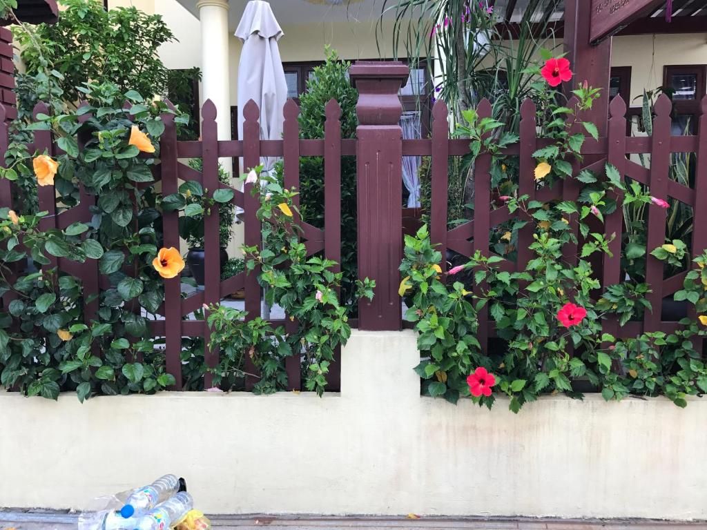 A garden with a wooden fence, various plants, and flowers.