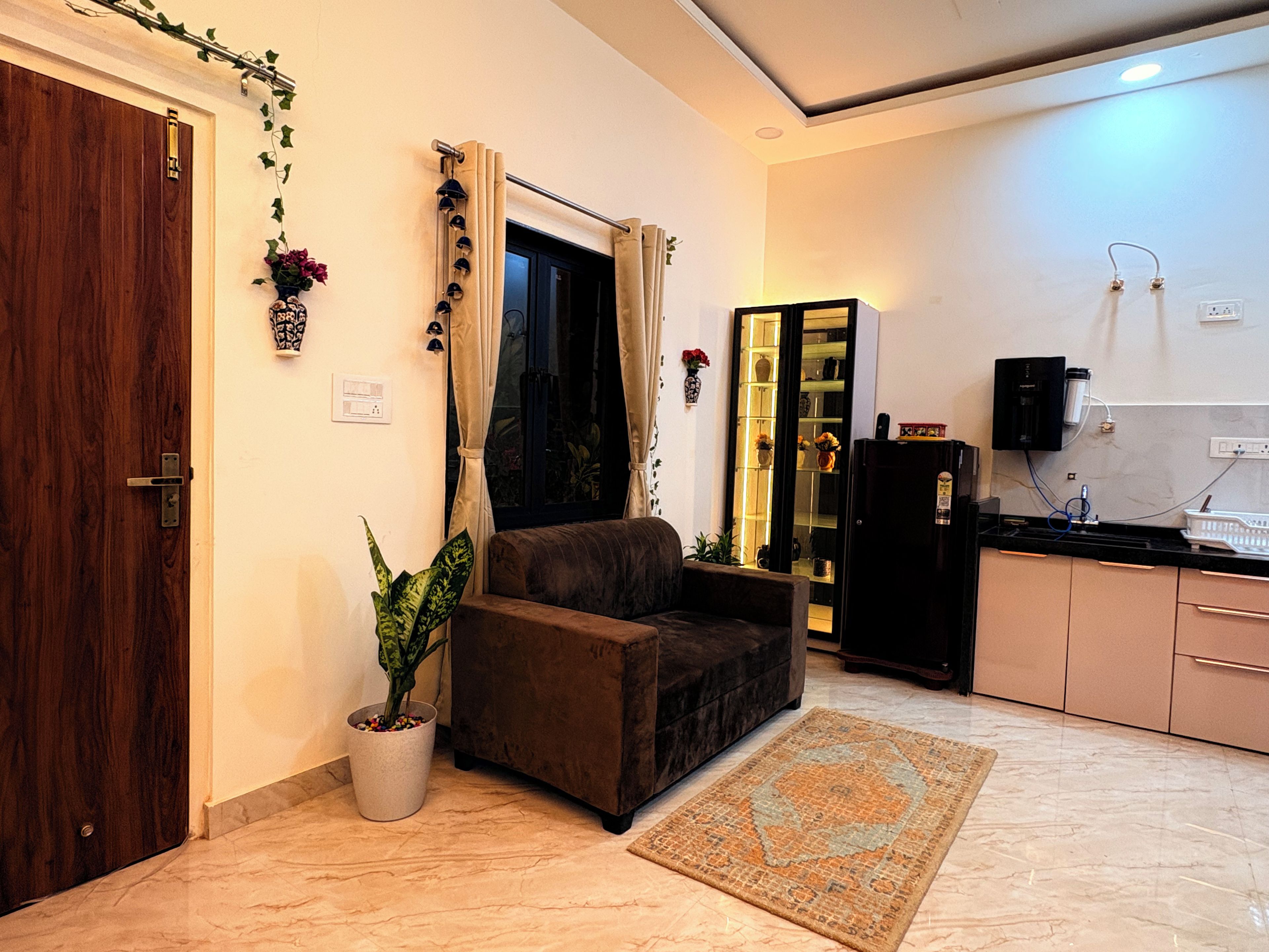 A living room with a sofa, a potted plant, and a kitchen area with cabinets and a countertop.