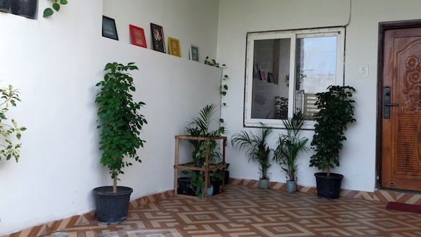A hallway with potted plants, a wooden door, and a window with framed pictures on the wall.
