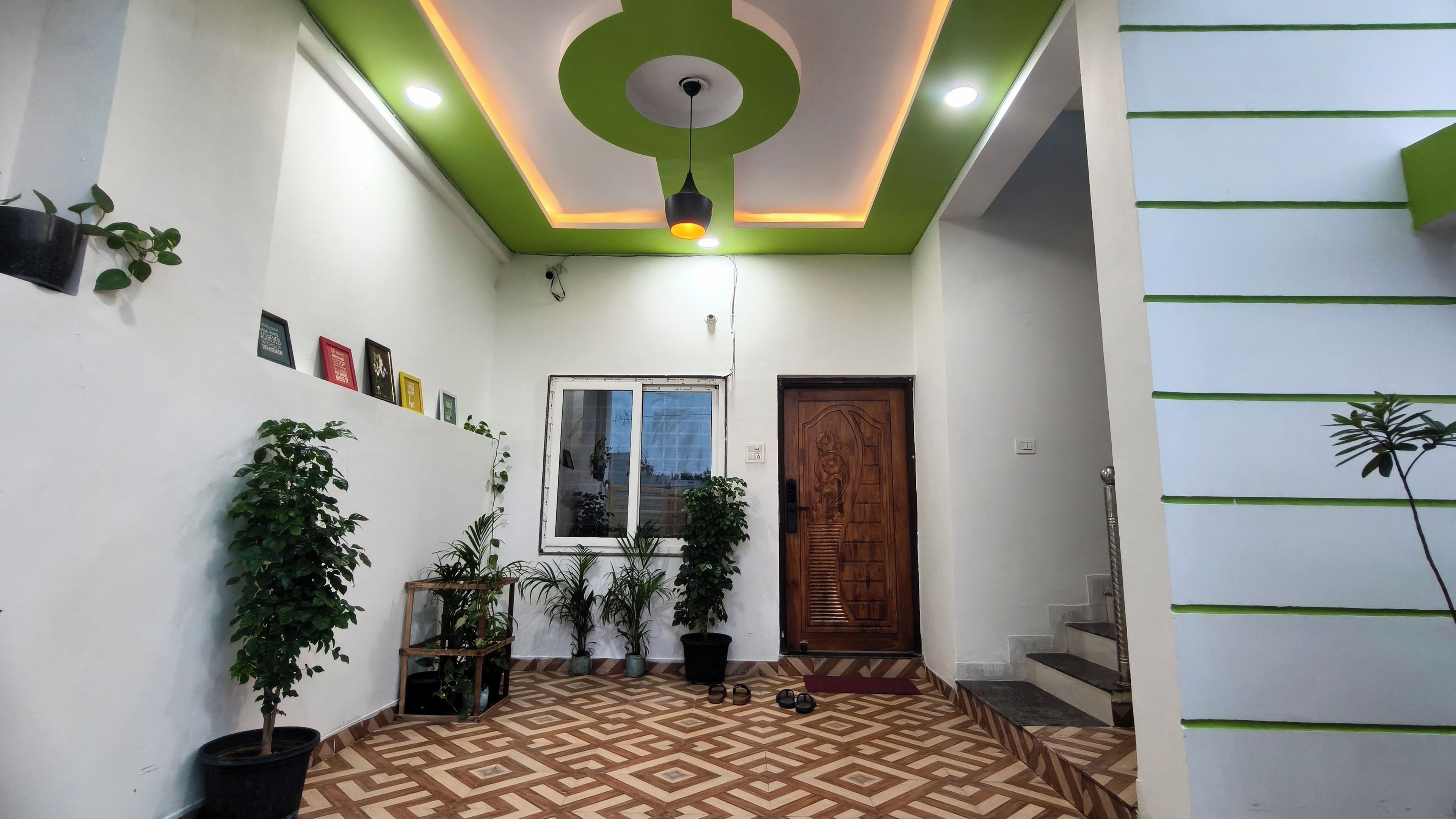 A hallway with a patterned floor, a wooden door, and potted plants.