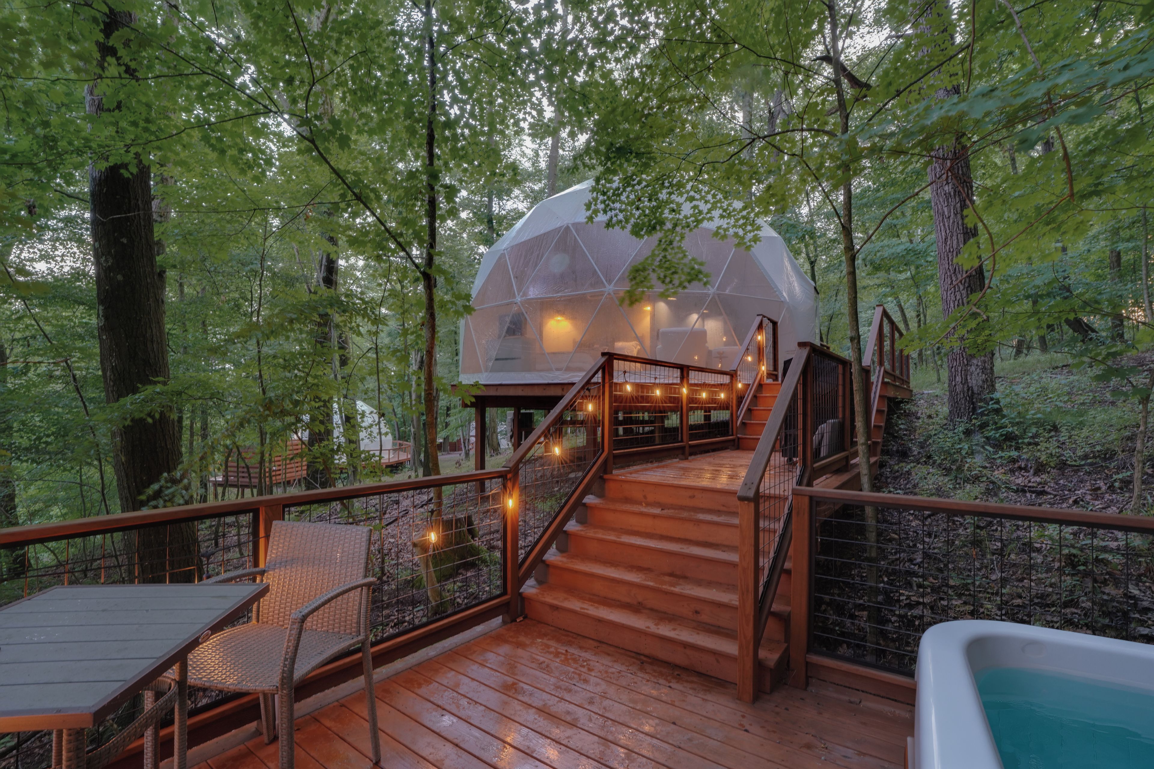 Une structure entièrement vitrée, dotée d’une terrasse en bois et d’un escalier menant à celle-ci, le tout entouré d’arbres.