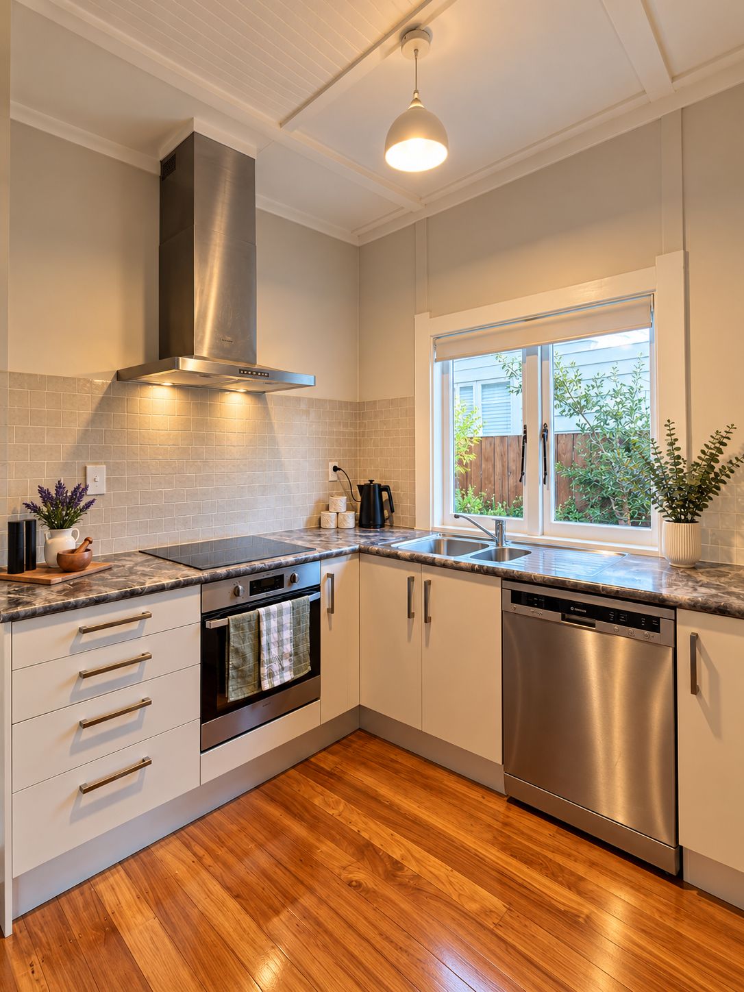 A modern kitchen with a stainless steel range hood, a dishwasher, and a window providing natural light.