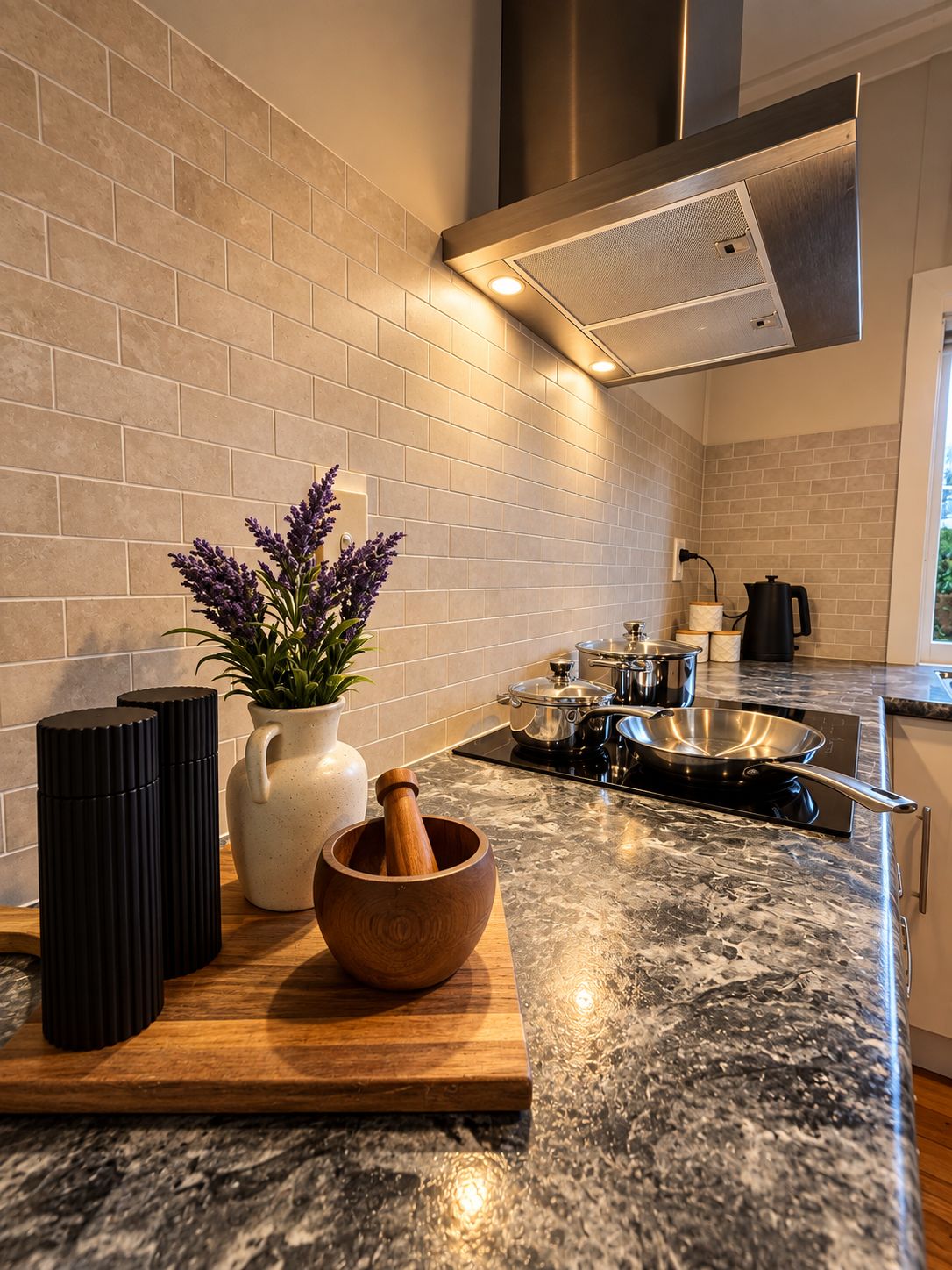 Modern kitchen with sleek counters, designer finishes, and warm accents