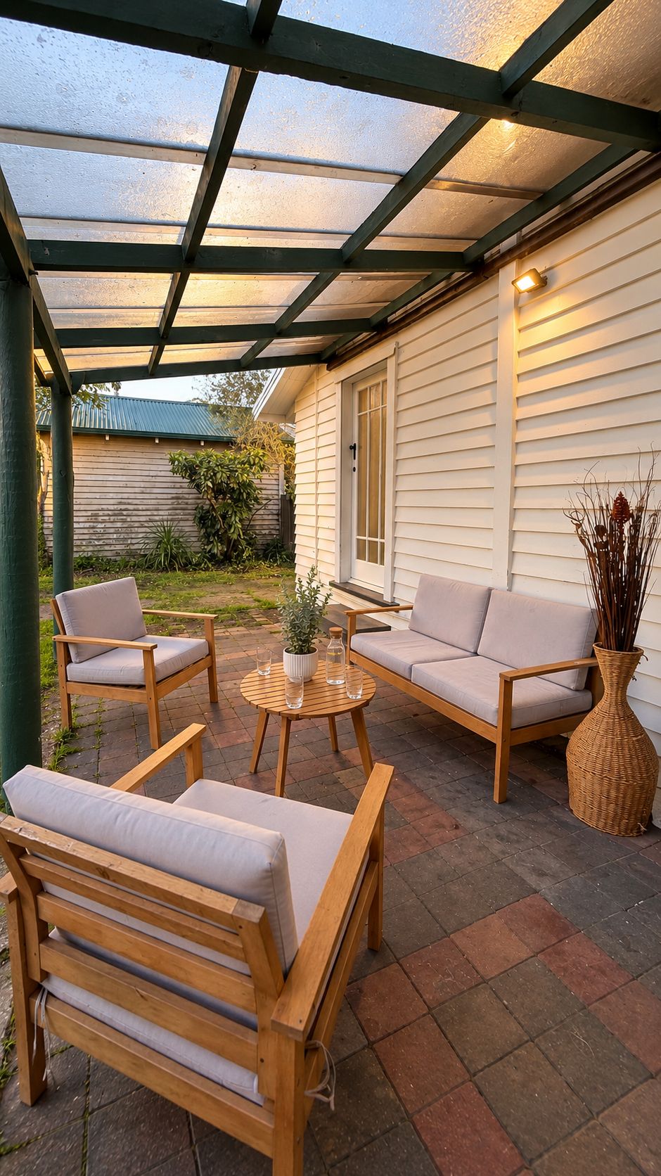 A covered patio area with a wooden bench, a sofa, and a table.