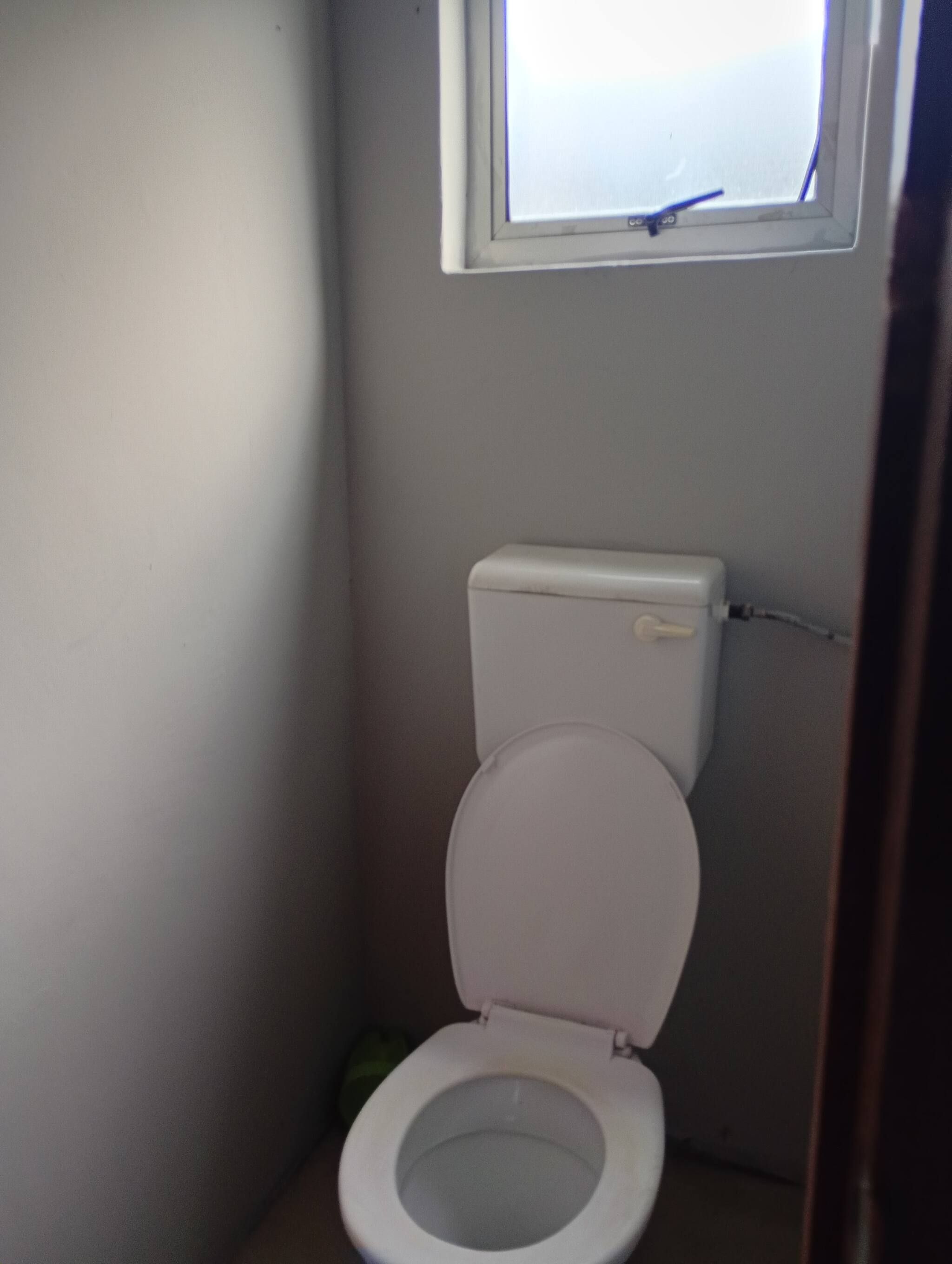 A small, basic bathroom with a toilet, a window, and a wall.