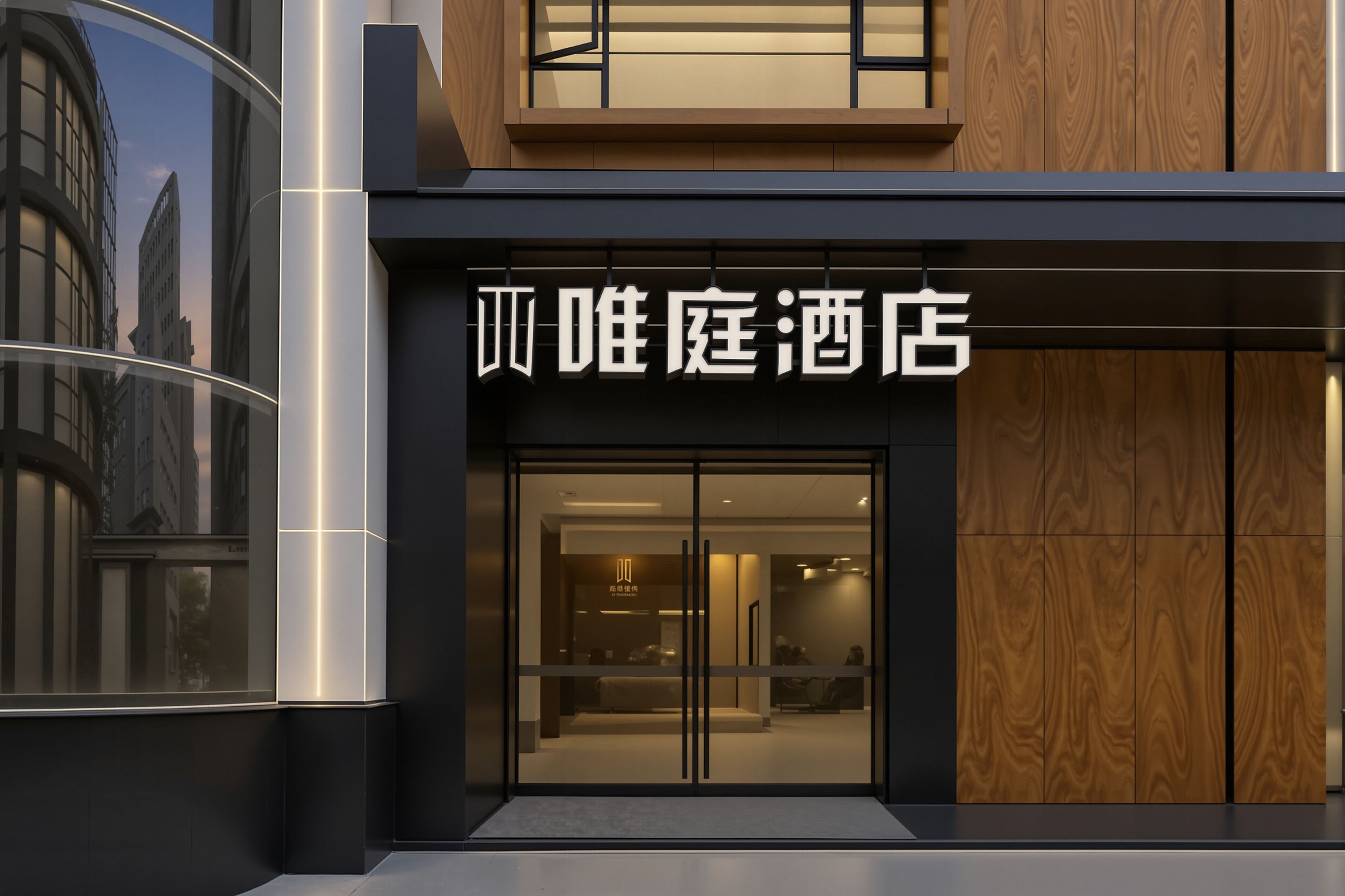 Entrada de hotel con diseño moderno, con un gran letrero iluminado sobre la puerta.