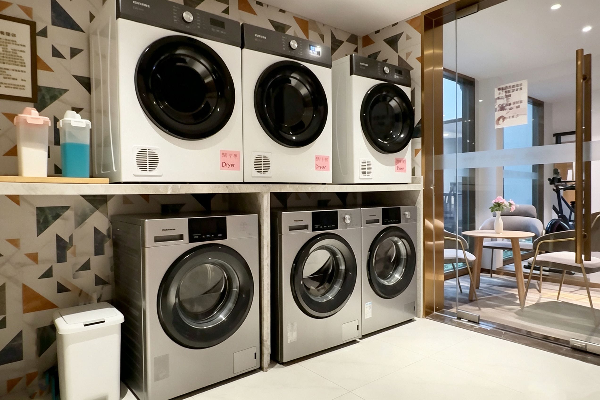 A laundry facility with four washing machines and two dryers, a tiled floor, and a patterned wall.