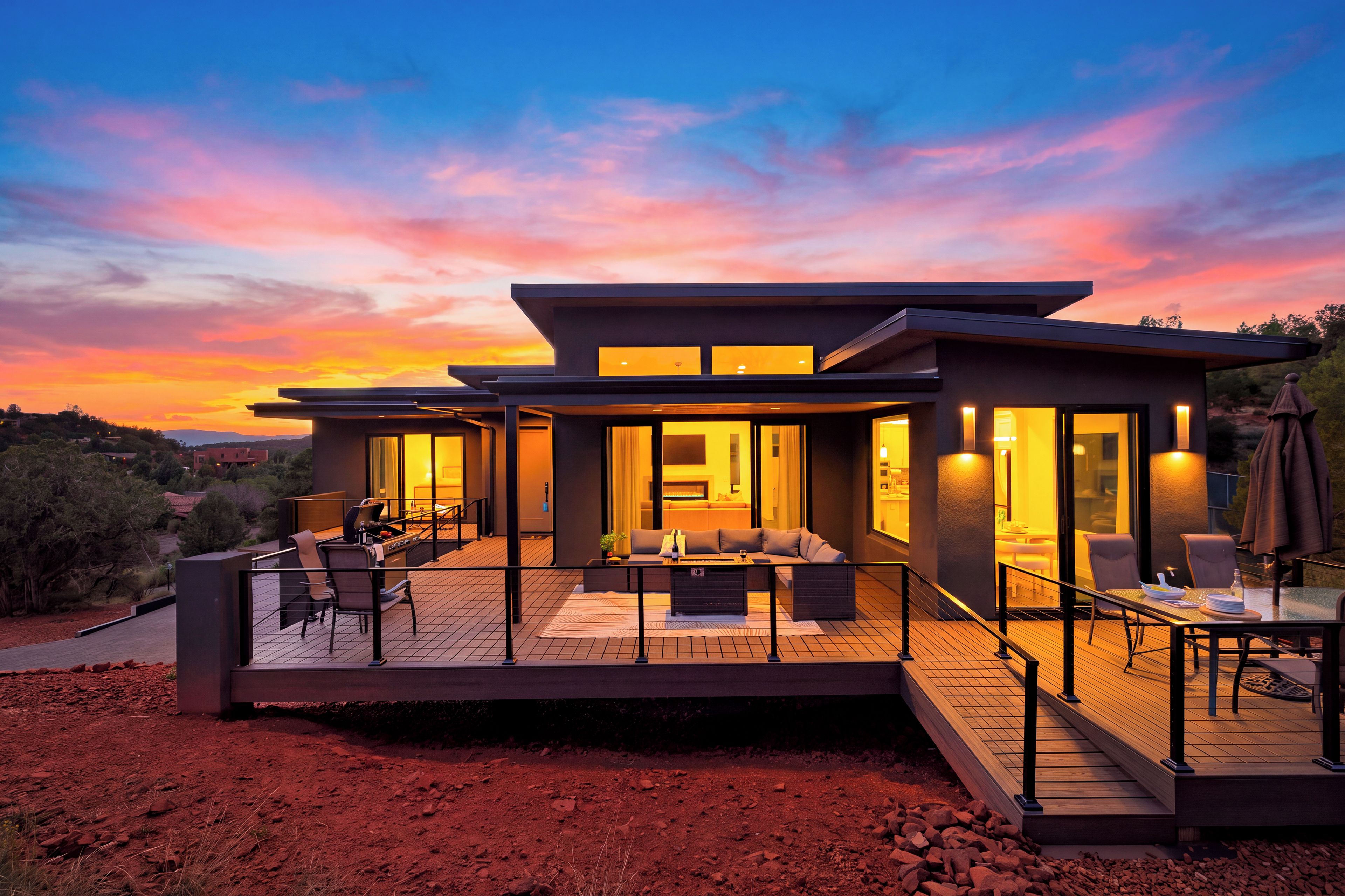 A modern two-story house with a balcony, outdoor seating, and a view of the sunset.