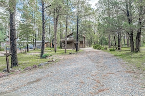 A gravel path leading to a cabin surrounded by tall pine trees. - Comfortable Cabin w/ Hot Tub, Near Old Midtown (Ruidoso)