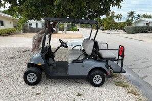 A golf cart parked on a gravel surface with a tree and residential buildings in the background. - 1/2 Mi to Ocean! Canal-Front Key Colony Beach Home (Key Colony Beach)