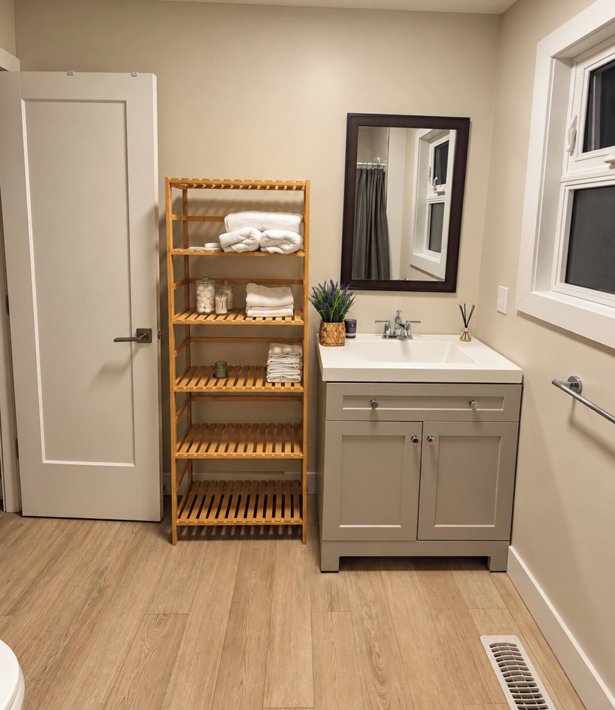 A bathroom with a wooden shelf unit, a sink, and a mirror.