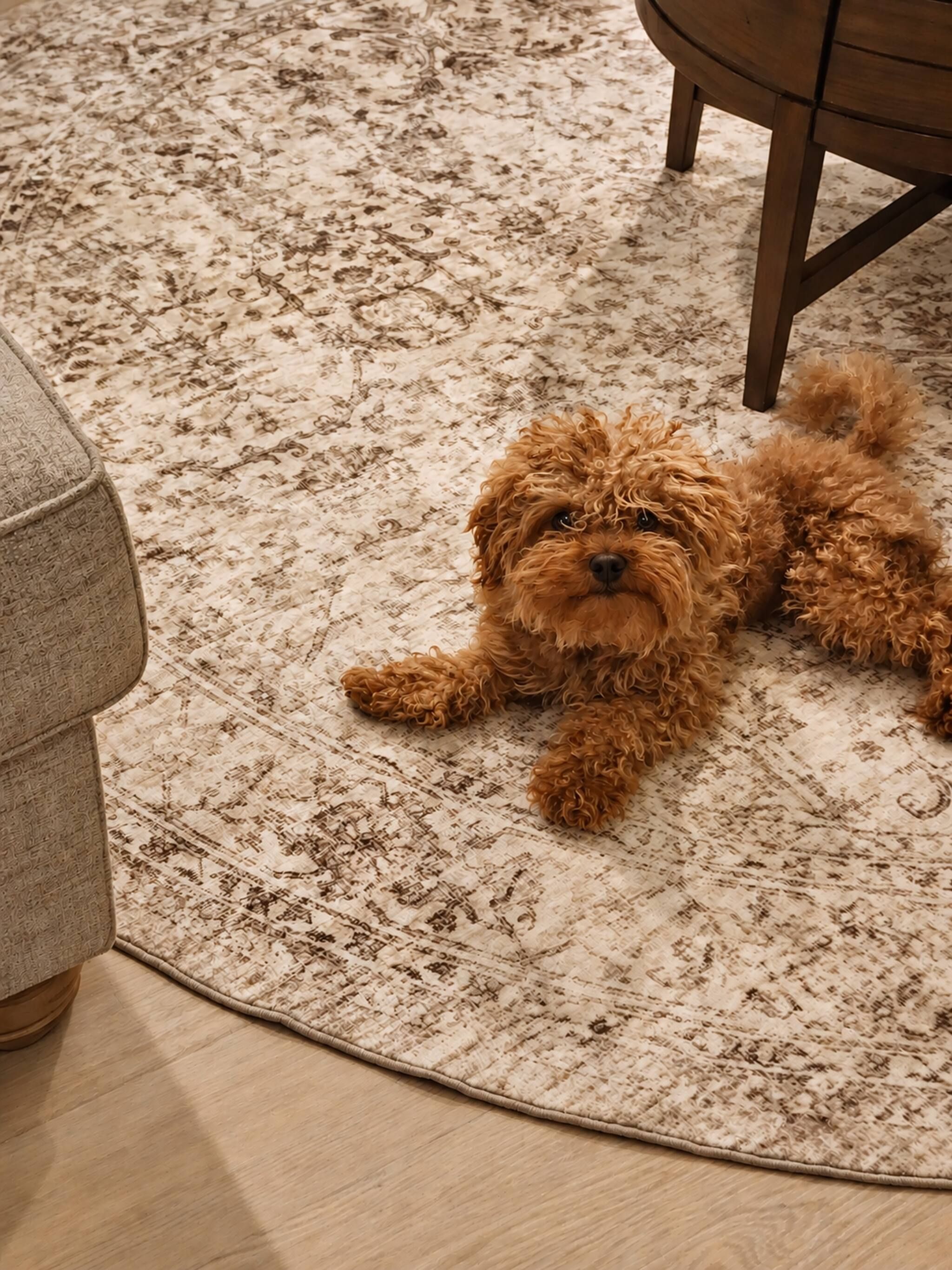 Un perro pequeño y de pelo rizado recostado sobre un tapete estampado en una habitación con suelo de madera y una mesa redonda de madera.