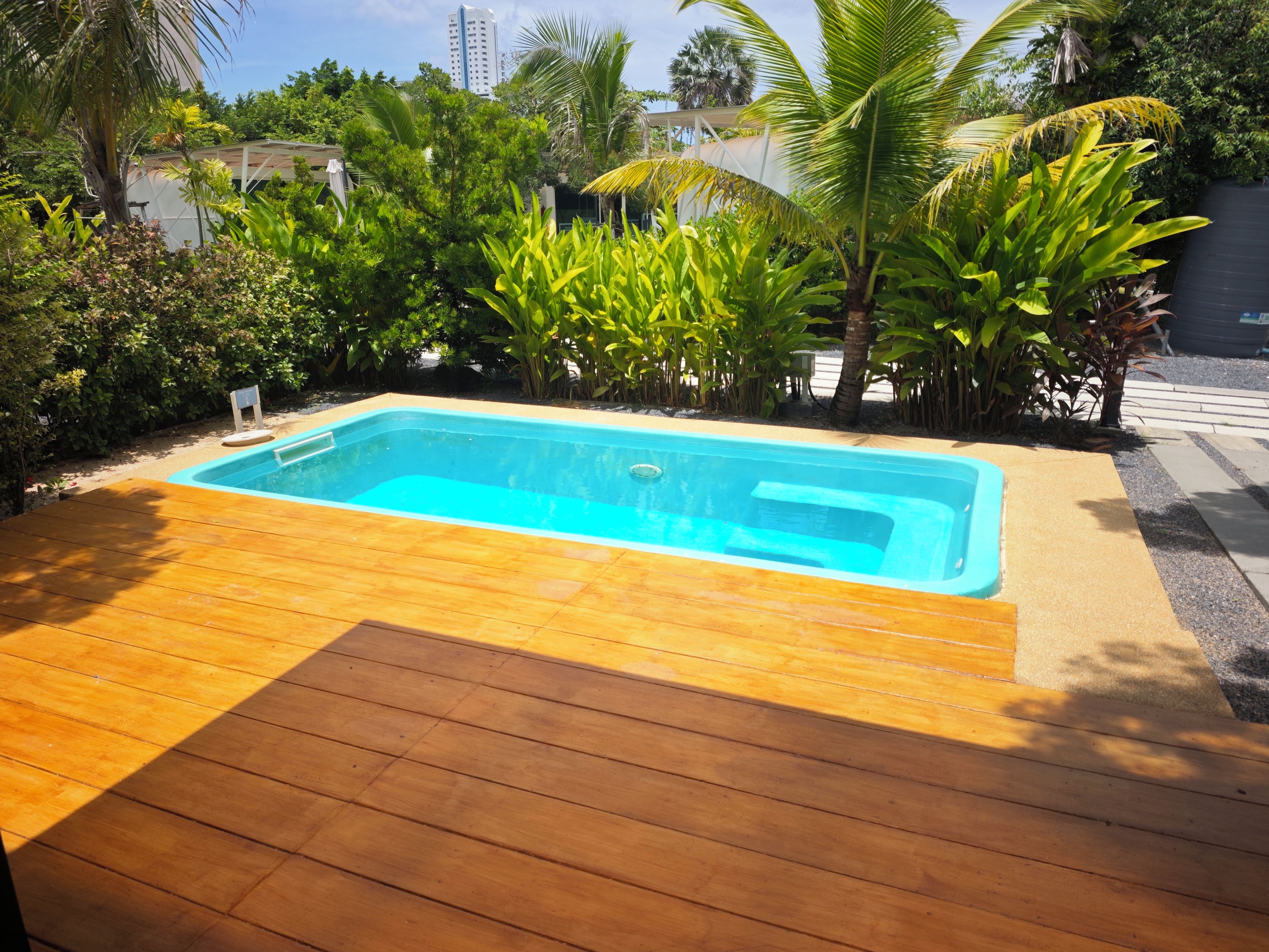 Una piscina rectangular con un deck de madera que la rodea, ubicada en un jardín ajardinado con diversas plantas y una palmera.