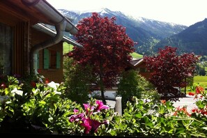 A building with a wooden facade and green shutters, surrounded by lush greenery and flowering plants. - Holiday apartment with 2 bedrooms (Riezlern)