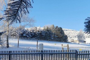 Schneebedeckte Landschaft mit einem Zaun, Bäumen und blauem Himmel.