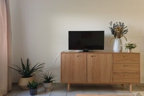 A wooden TV stand with a flat-screen TV, a vase with dried flowers, and two potted plants. - Holiday apartment with terrace and view (Petersdorf\/ Fehmarn)