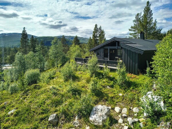 Une cabane dotée d’une terrasse, entourée d’une forêt dense et de montagnes.