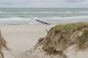 Une plage avec un rivage sablonneux et une jetée en bois qui s’avance dans l’eau.
