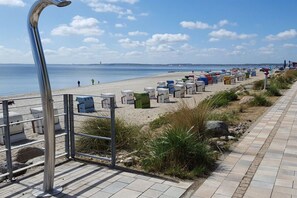 Ein Strand mit einer Metallzaun, Strandkörben und blauem Himmel.