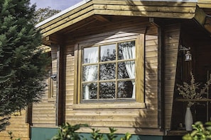 A wooden cabin with a large window, a small porch, and a potted plant. - Holiday home with 3 bedrooms (Friedrichsbrunn)