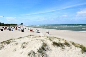 A beach with rows of beach chairs and umbrellas, a sandy foreground with dunes, and the ocean in the background. - on the inland lake in the town center (Heiligenhafen)
