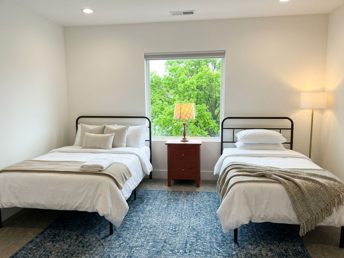 Une chambre avec deux lits, une fenêtre donnant sur la forêt, une table de chevet avec une lampe et un tapis bleu à motifs.