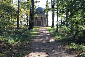 Een bebost pad dat naar een gebouw met een koepel leidt.