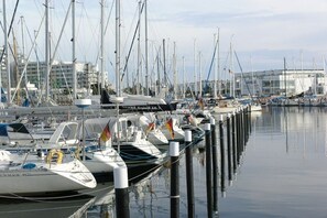 A marina with multiple boats docked, a clear sky, and buildings in the background. - "Frieda" holiday paradise under thatch (Damp)