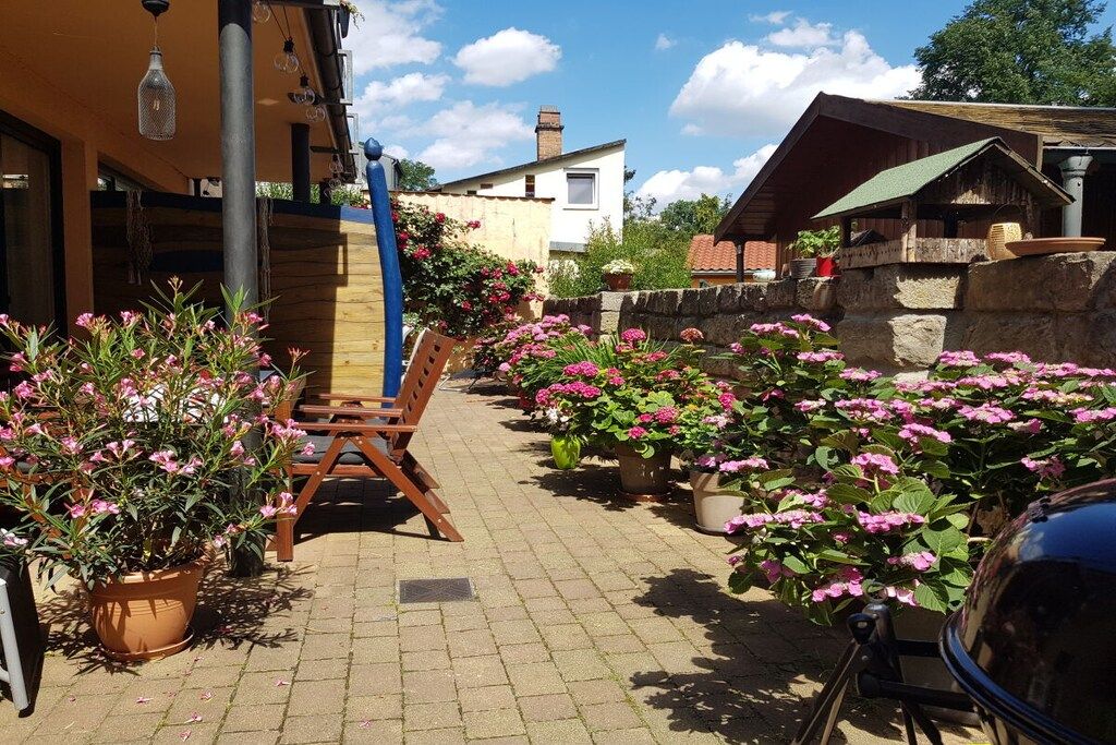 A paved outdoor area with potted plants and a wooden bench.