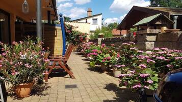 A paved outdoor area with potted plants and a wooden bench.