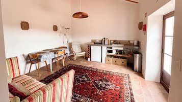 Un espace de vie compact comprenant un coin repas, un canapé, une cuisine et un tapis à motifs.