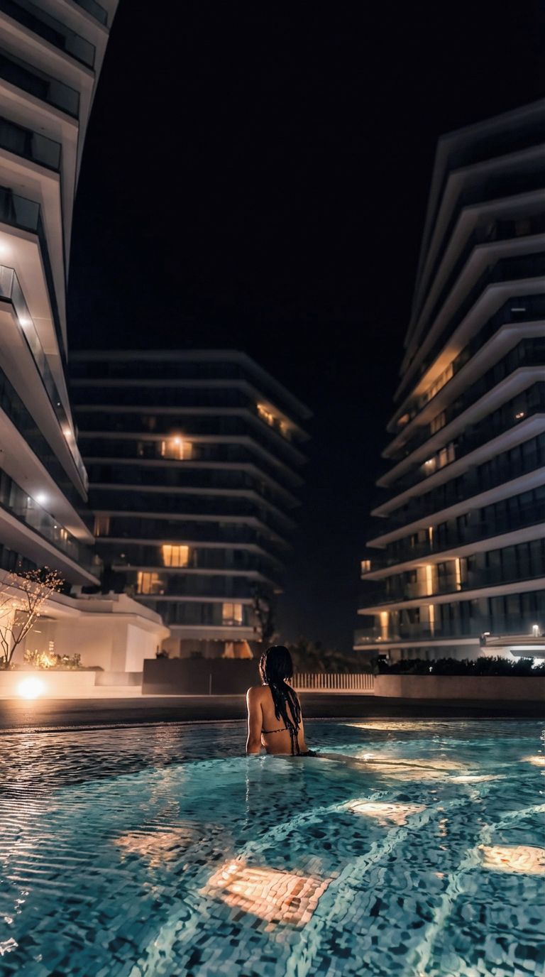 Vue nocturne d’un espace piscine, avec des bâtiments modernes en arrière-plan.