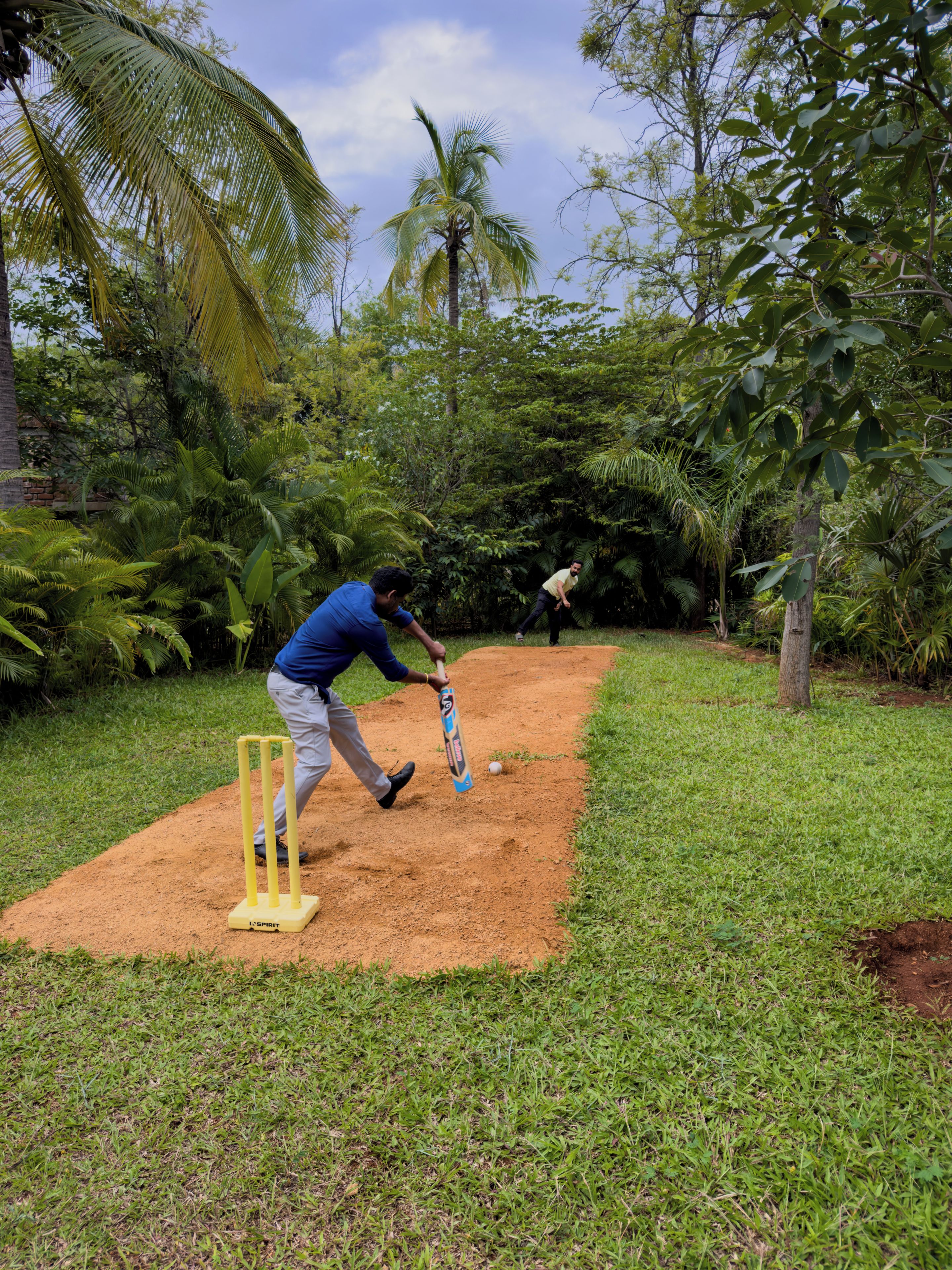 A cricket pitch surrounded by lush greenery and trees.