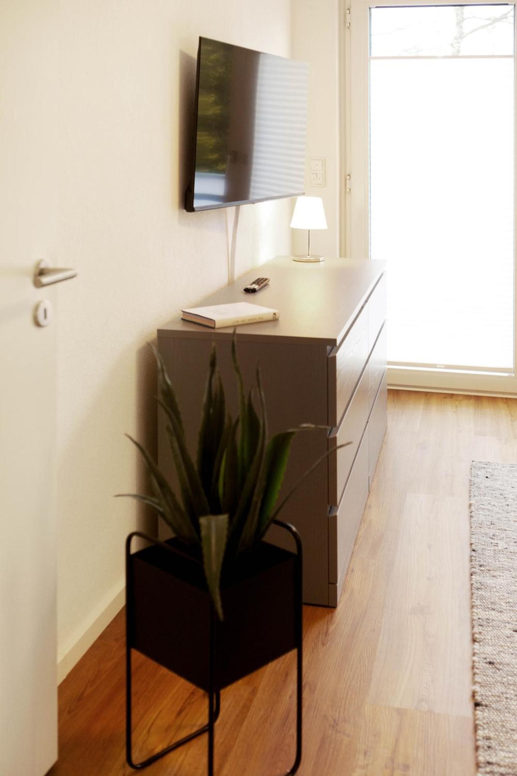 A modern living room with a flat-screen TV mounted on the wall, a small table with a lamp, a potted plant, and a wooden floor.