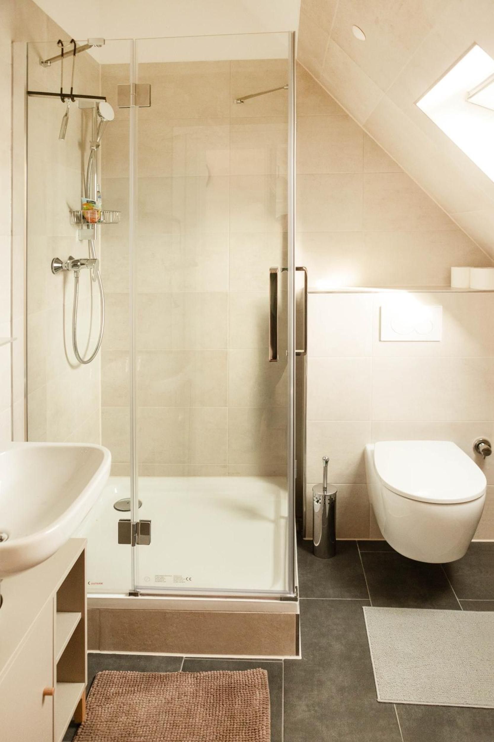 Ein modernes Badezimmer mit einer Duschkabine aus Glas, einer weißen Toilette und einem Waschbecken.