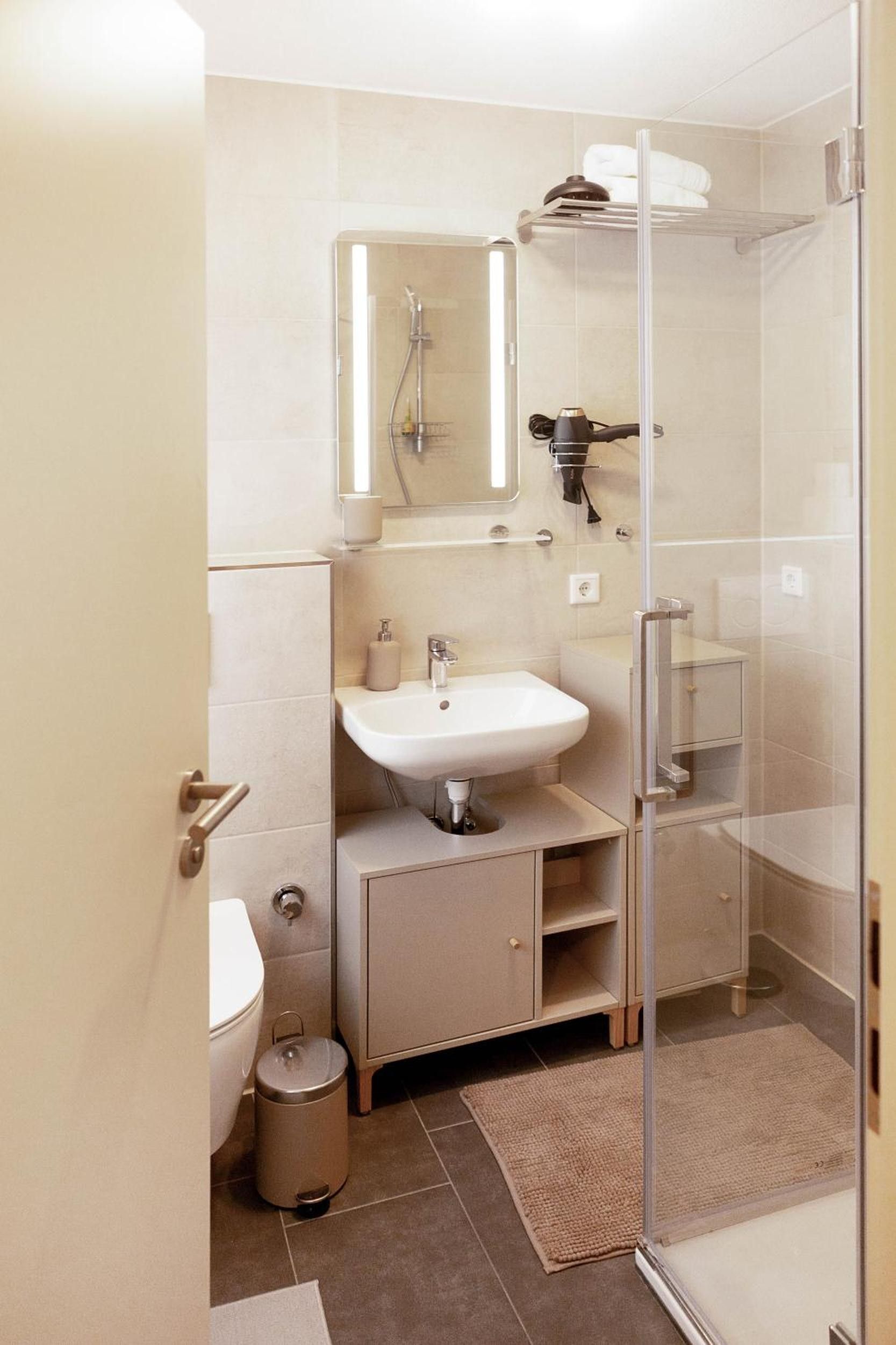 A modern bathroom with a glass shower enclosure, a white sink, and a toilet.