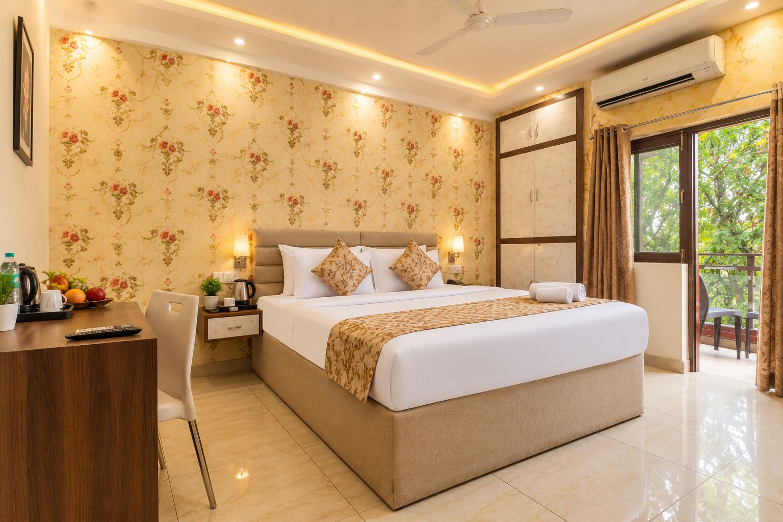 A hotel room with a large bed, a desk, a chair, a nightstand with a lamp, and a view of greenery outside.