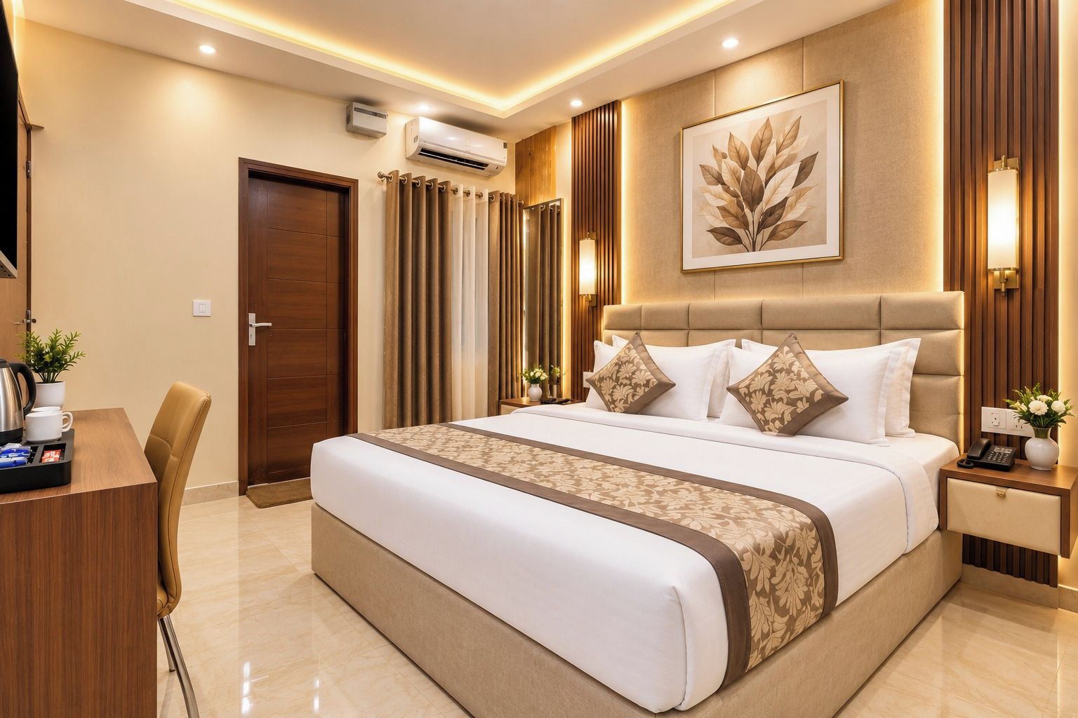 Quarto de hotel com cama grande, mesas de cabeceira, escrivaninha e uma cadeira.