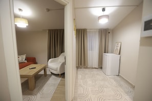 A compact living space with a dining area, a seating area, and a kitchenette.