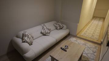 Ein Zimmer mit einer Couch, Kissen, einer Fernbedienung und einem Holztisch.