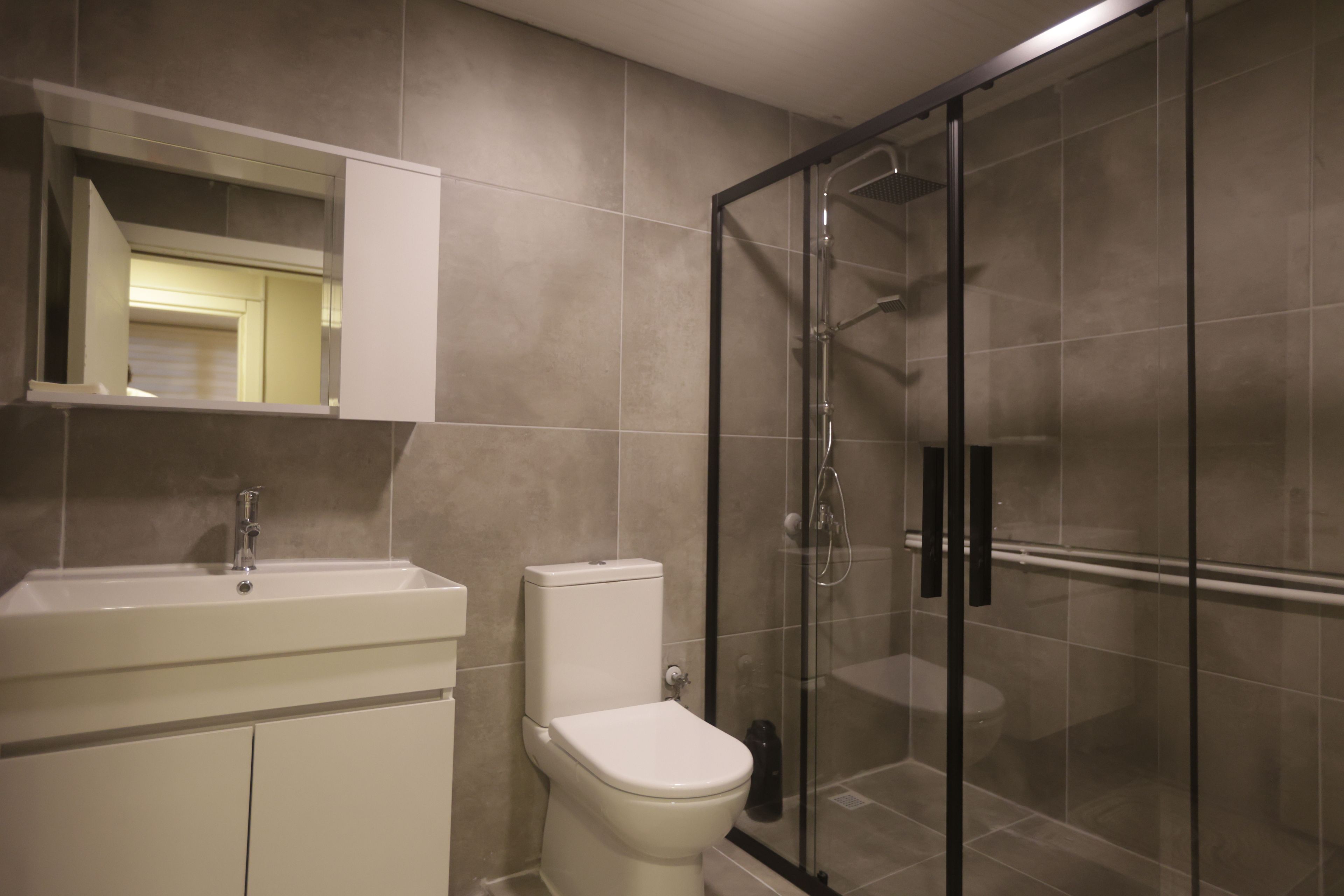 A bathroom with a glass-enclosed shower, a white toilet, and a sink with a mirror above it.