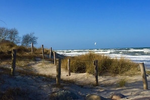 Een zandstrand met een houten hek en schaarse begroeiing.