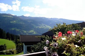 A mountain landscape with a building and a garden with flowers. - Holiday apartment with 1 bedroom (Aschau)